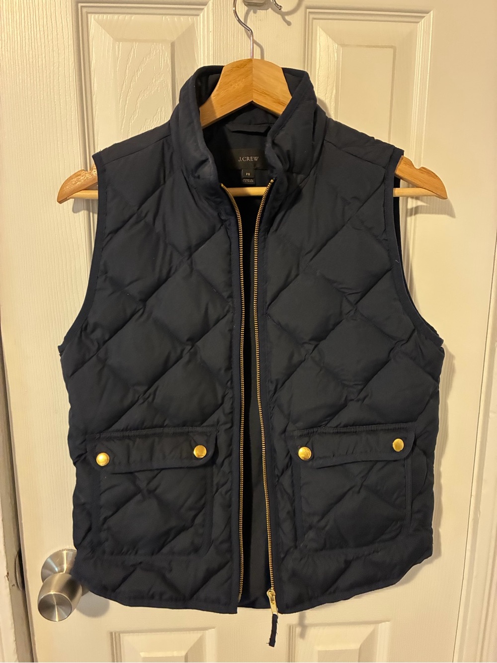 J. Crew Navy Quilted Down Puffer Jacket with Gold Zipper